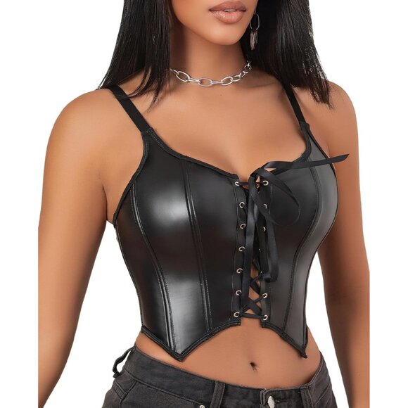 Women Black Sexy PU Leather Lace Up Corset Bustier Adjustable Push Up Top - Picture 1 of 5